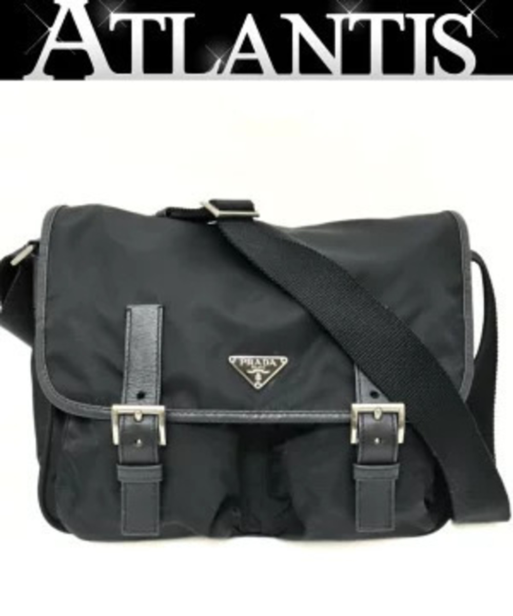 Prada Triangle Shoulder Bag Messenger Double Pocket Leather Black